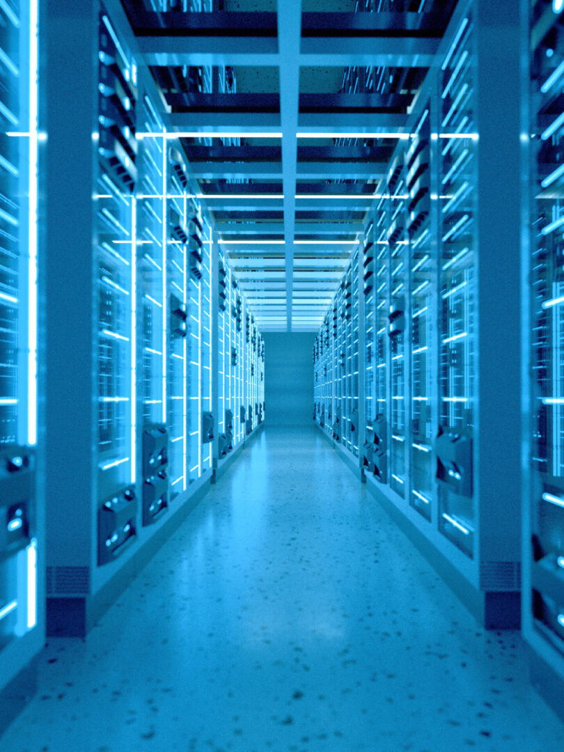 Server racks in computer network security server room data center. 3D render dark blue